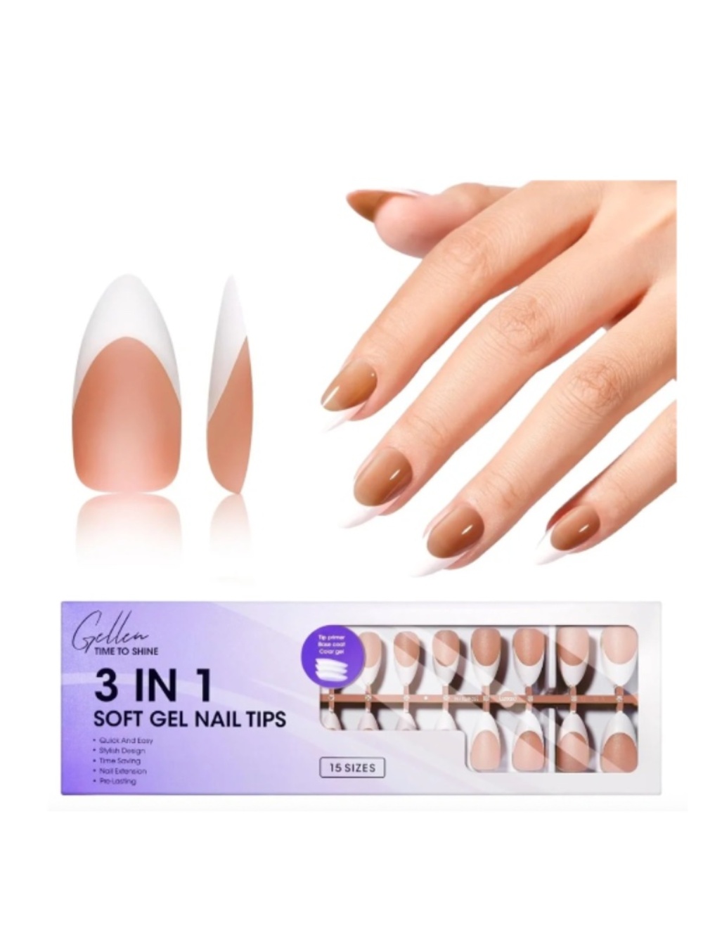 Gellen 150 Brown And White French Tip Medium Almond Press On Nails